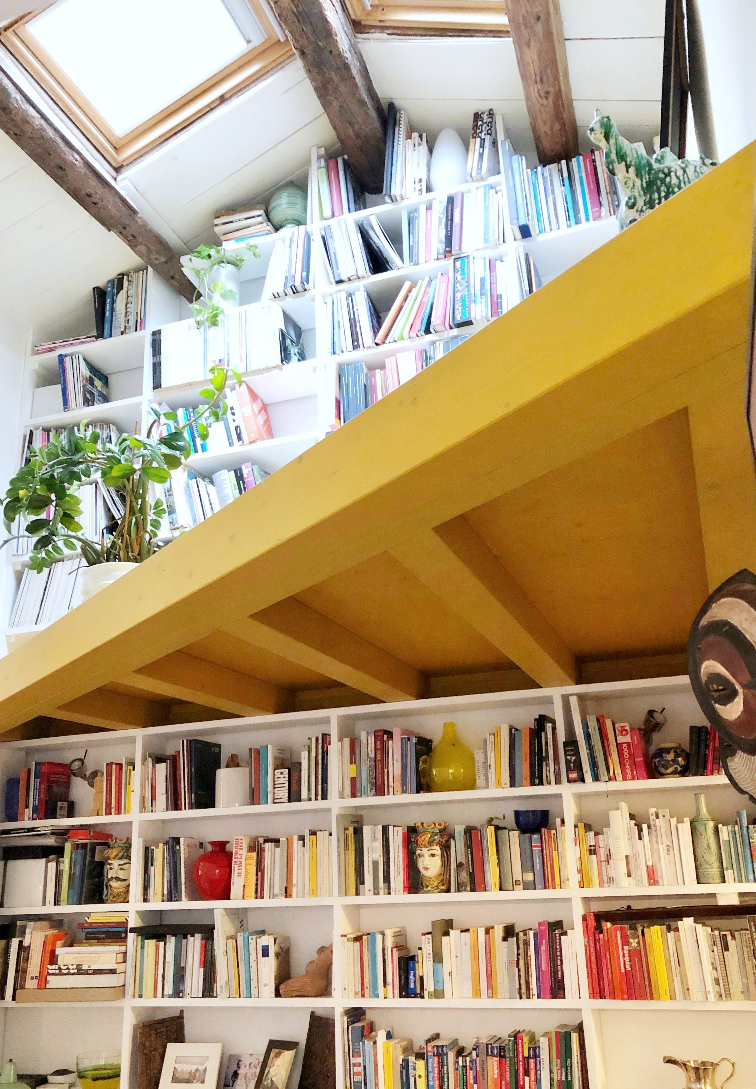 Vista della zona giorno con grande libreria a doppia altezza