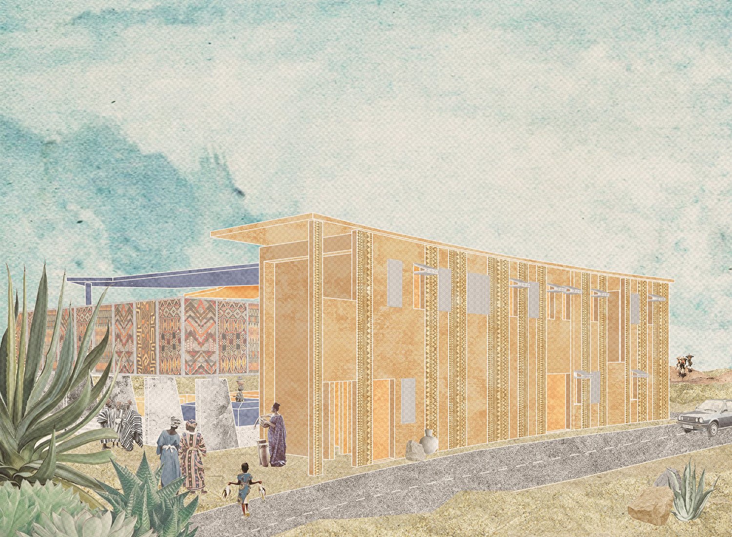 Vista prospettica dell’edificio esterno del mercato del pesce di Cabo Ledo