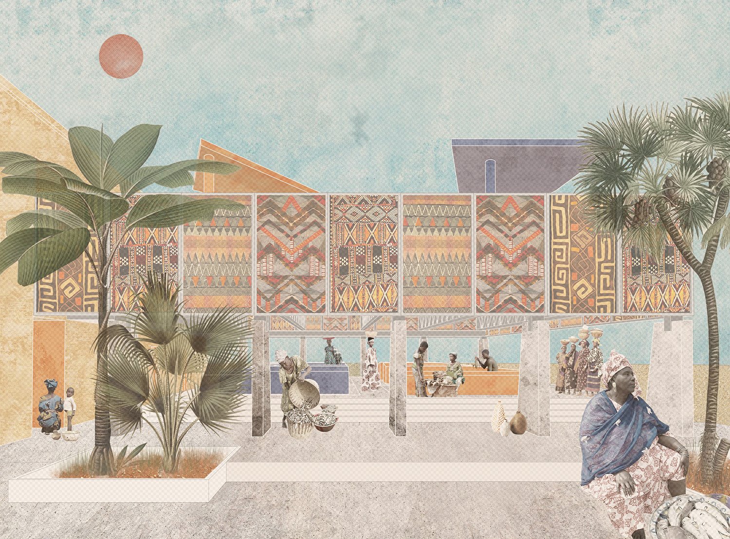  Illustrazione degli interni del mercato con decorazioni e attività quotidiane