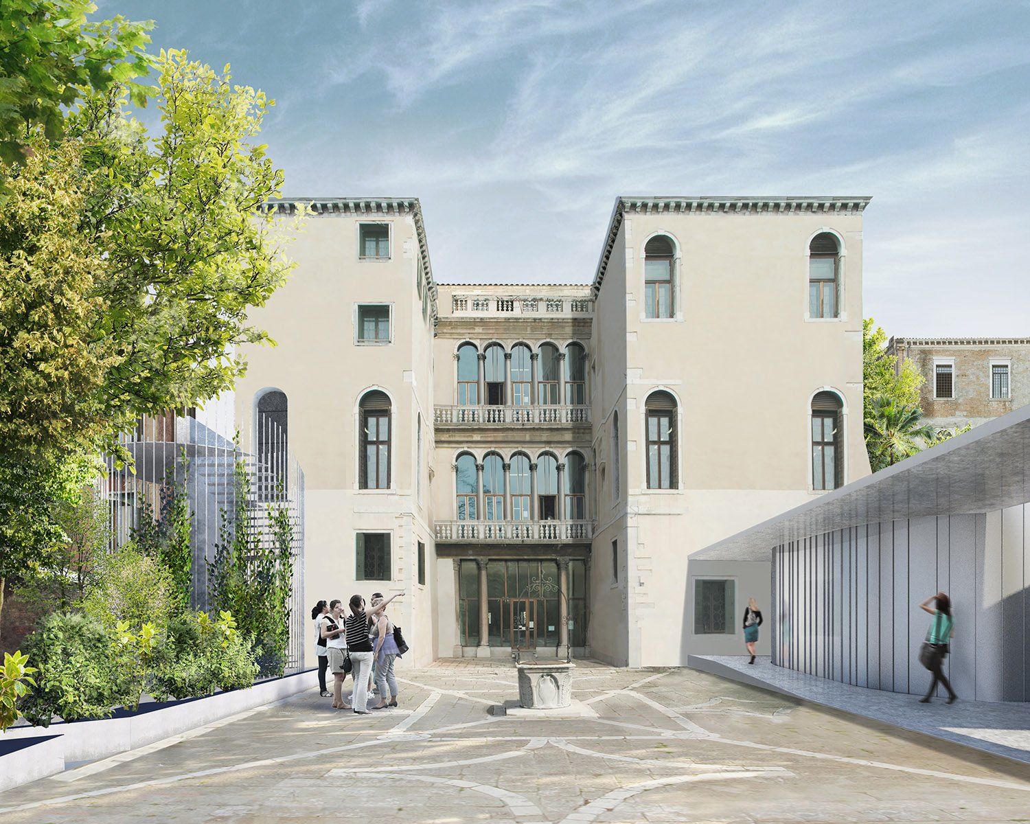 Vista della corte interna con architettura storica e contemporanea