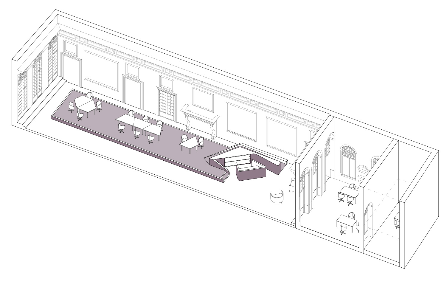 Diagramma 3D del primo piano con arredi e suddivisioni funzionali, Fondazione Venezia