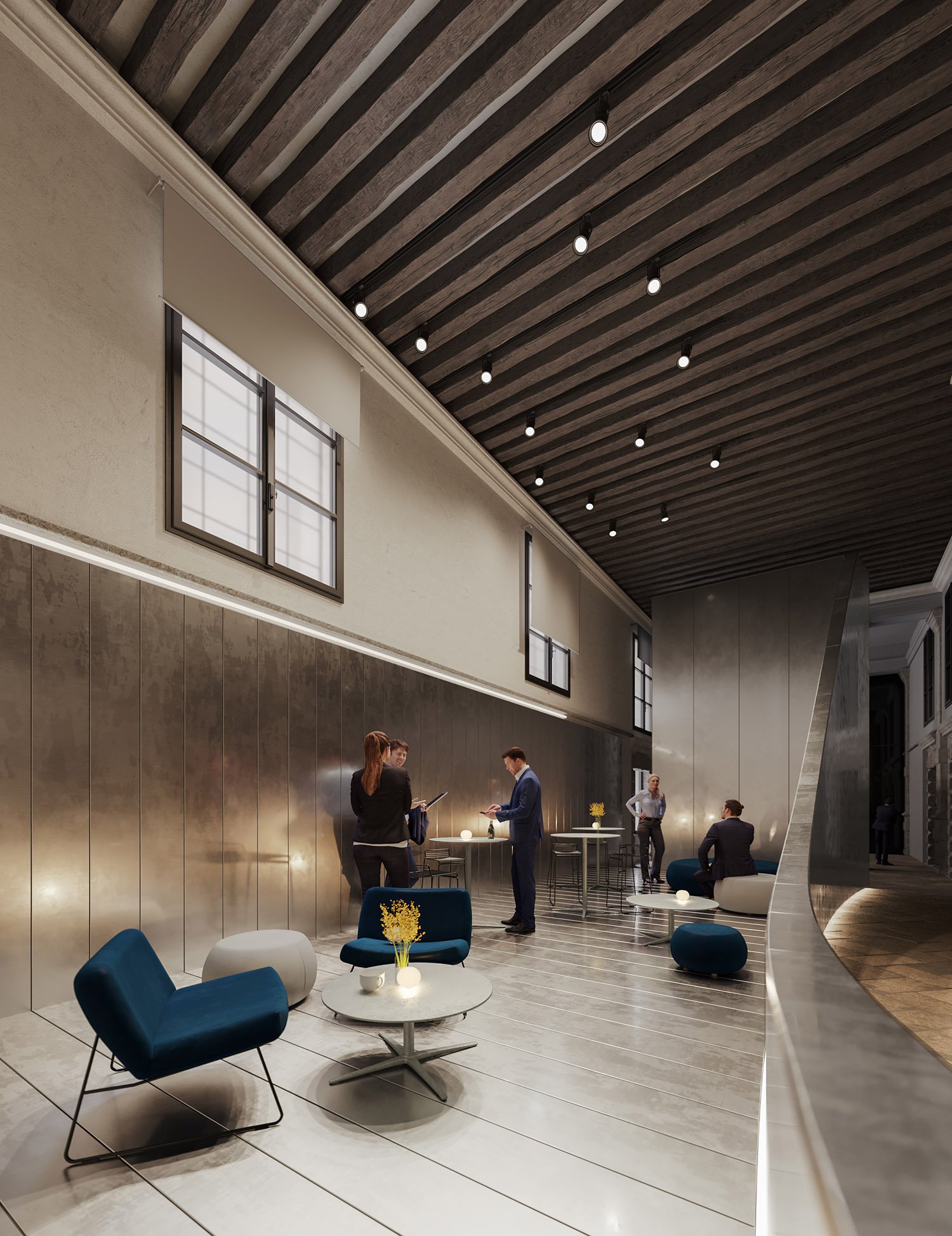 Render della lounge al piano terra della Fondazione Venezia, progetto Barman Architects