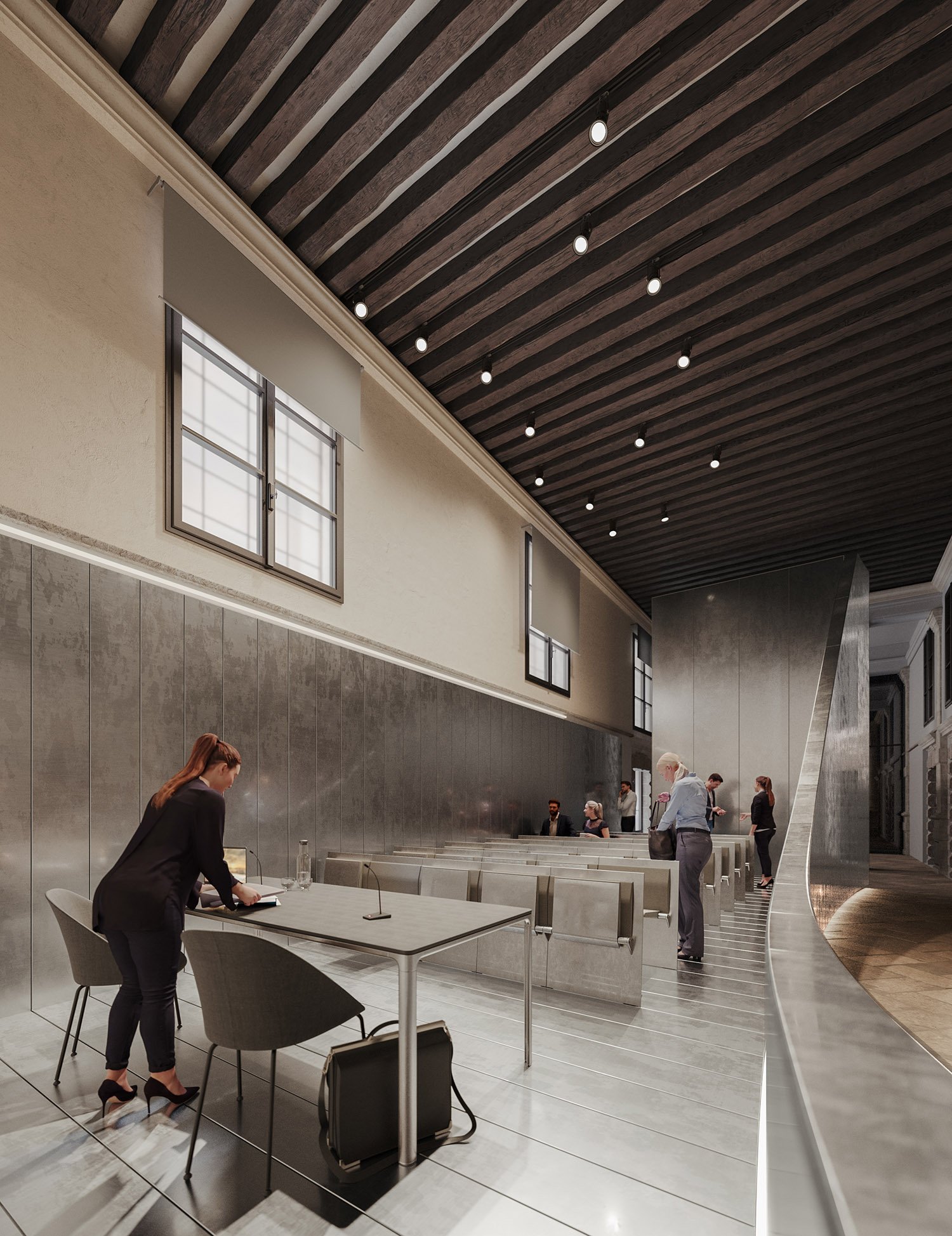 Render della sala conferenze con arredi metallici, Fondazione Venezia