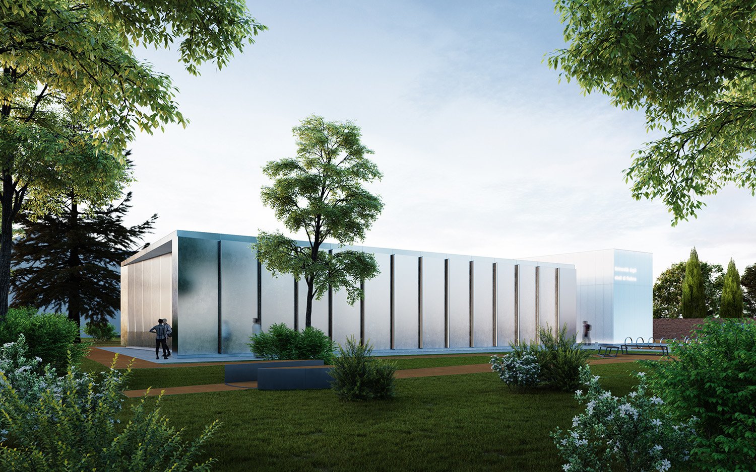 Vista del giardino e facciata del campus